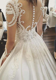 Appliqued Ball Gown Wedding Dress with Full/Long Sleeves, Scoop Neckline, Cathedral Train, and Satin Fabric BM bride