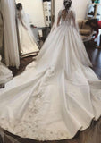 Appliqued Ball Gown Wedding Dress with Full/Long Sleeves, Scoop Neckline, Cathedral Train, and Satin Fabric BM bride