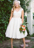 Lace V-Neck Sleeveless A-Line Wedding Dress with Tea-Length Skirt BM bride