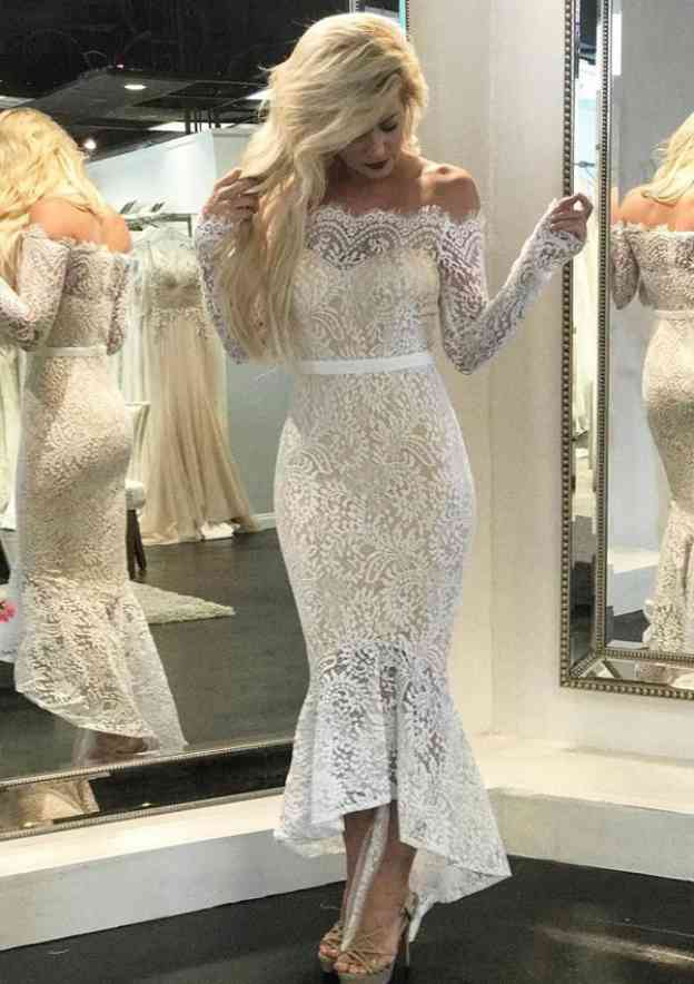 Waistband Trumpet/Mermaid Off-the-Shoulder Wedding Dress with Full Long Sleeves and Asymmetrical Lace BM bride