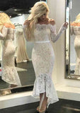 Waistband Trumpet/Mermaid Off-the-Shoulder Wedding Dress with Full Long Sleeves and Asymmetrical Lace BM bride