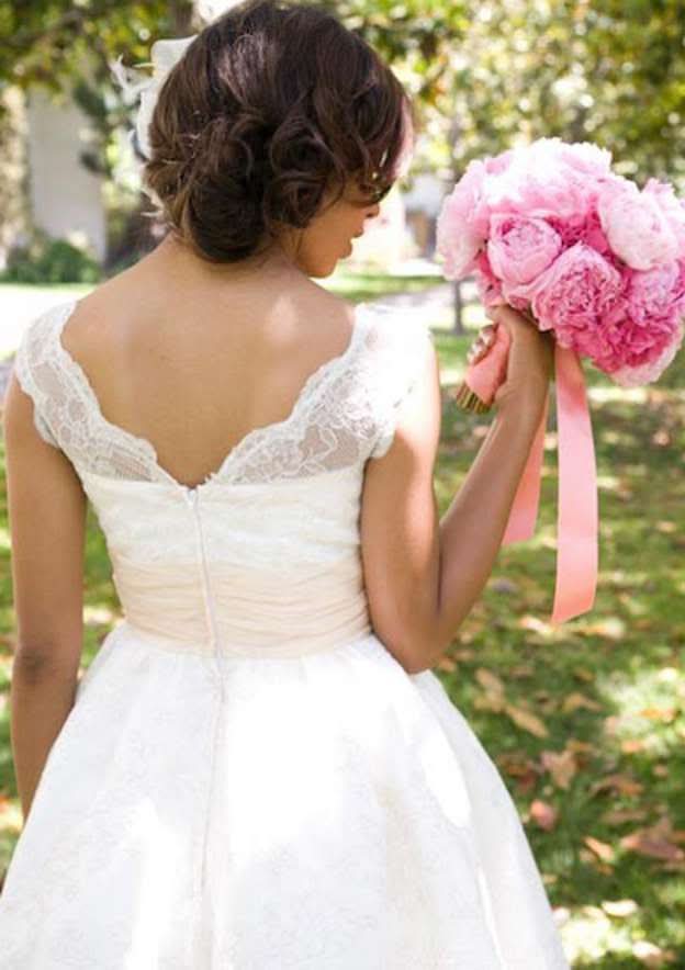 Lace V-Neck Sleeveless A-Line Wedding Dress with Tea-Length Skirt BM bride
