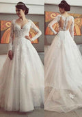 Appliqued Lace Ball Gown with Full Long Sleeves and Court Train in Bateau Neckline and Tulle BM bride