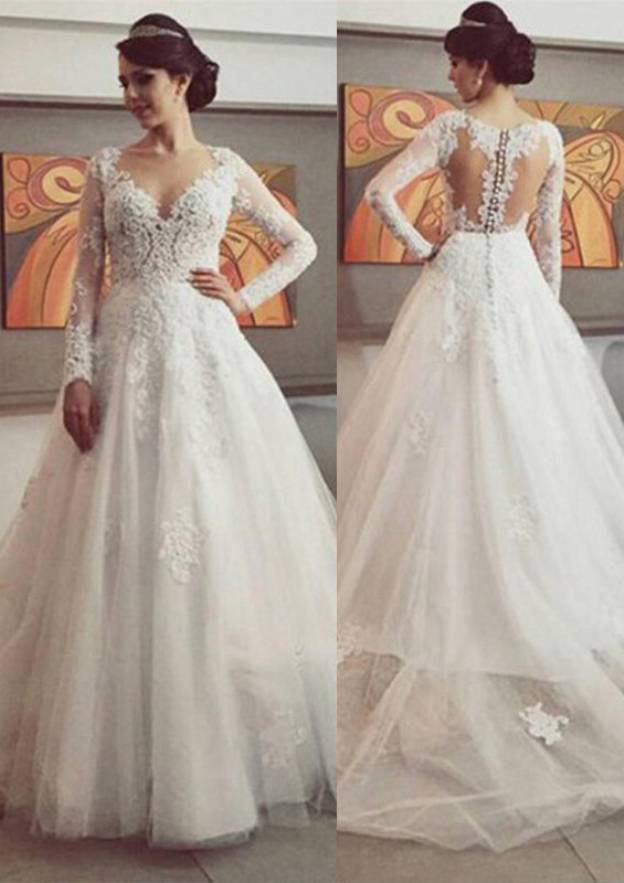 Appliqued Lace Ball Gown with Full Long Sleeves and Court Train in Bateau Neckline and Tulle BM bride