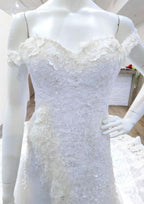 Beaded Appliqued Off-The-Shoulder Lace Wedding Dress with Cathedral Train and Sleeveless Design BM bride