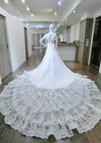 Beaded Appliqued Off-The-Shoulder Lace Wedding Dress with Cathedral Train and Sleeveless Design BM bride