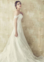 Beaded Appliqued Off-The-Shoulder Lace Wedding Dress with Cathedral Train and Sleeveless Design BM bride
