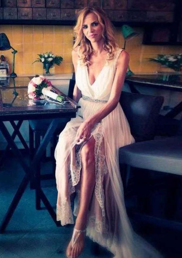 Lace Waistband Split A-Line/Princess V-Neck Sleeveless Wedding Dress with Sweep Train in Chiffon BM bride