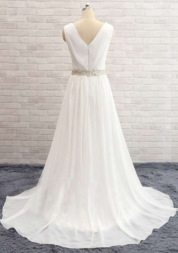 Lace Waistband Split A-Line/Princess V-Neck Sleeveless Wedding Dress with Sweep Train in Chiffon BM bride
