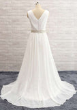 Lace Waistband Split A-Line/Princess V-Neck Sleeveless Wedding Dress with Sweep Train in Chiffon BM bride