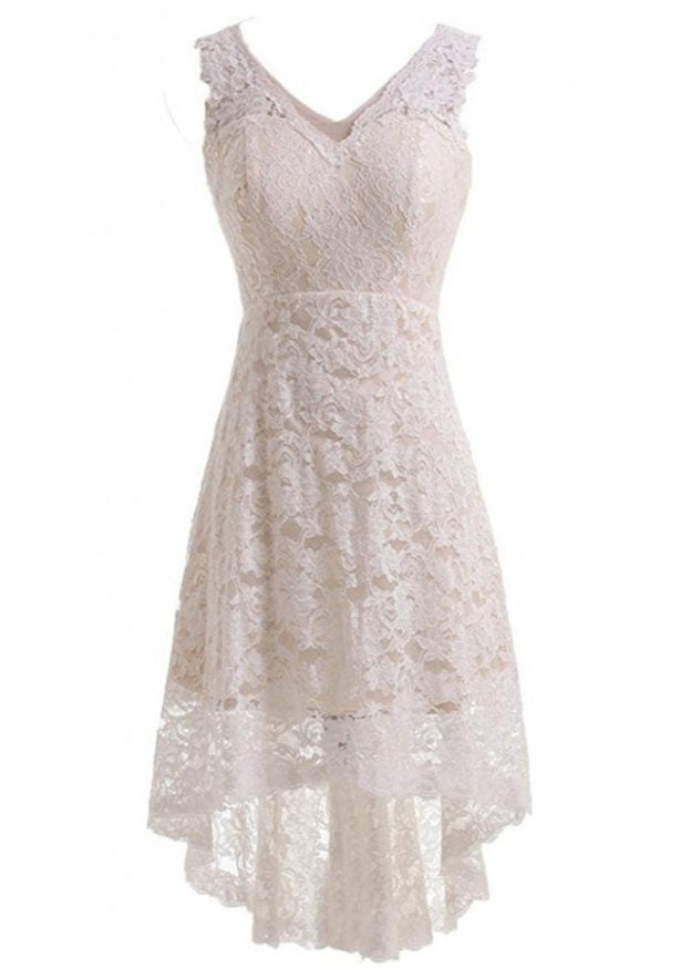 Sleeveless Asymmetrical Lace Wedding Dress with A-Line/Princess V-Neck BM bride