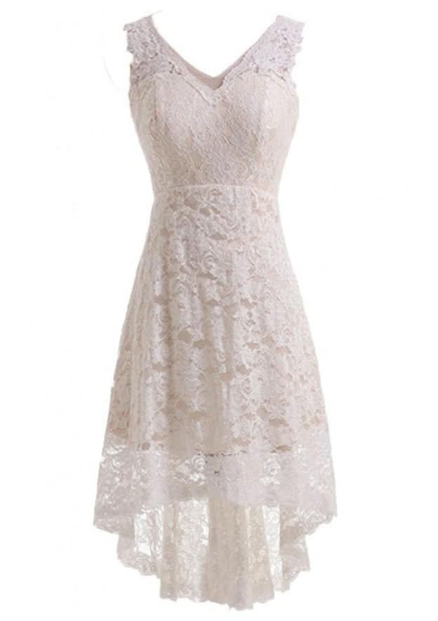 Sleeveless Asymmetrical Lace Wedding Dress with A-Line/Princess V-Neck BM bride