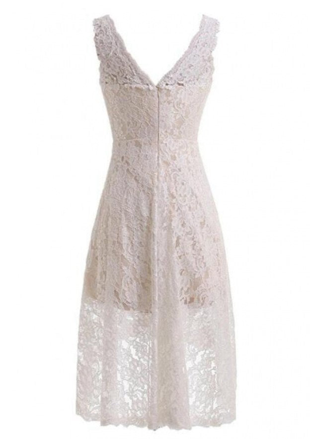 Sleeveless Asymmetrical Lace Wedding Dress with A-Line/Princess V-Neck BM bride