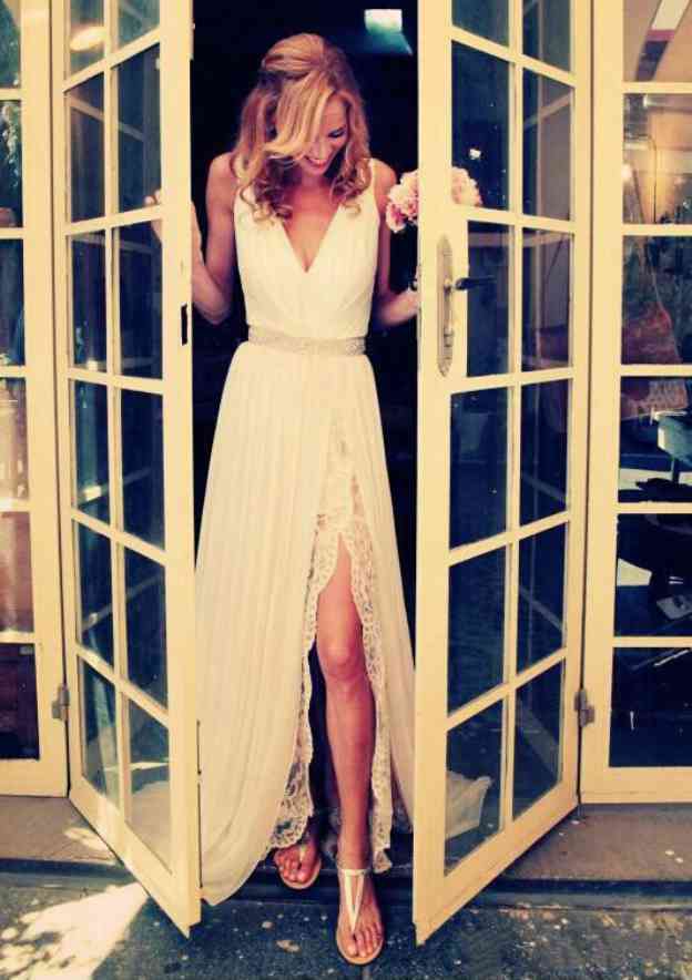 Lace Waistband Split A-Line/Princess V-Neck Sleeveless Wedding Dress with Sweep Train in Chiffon BM bride