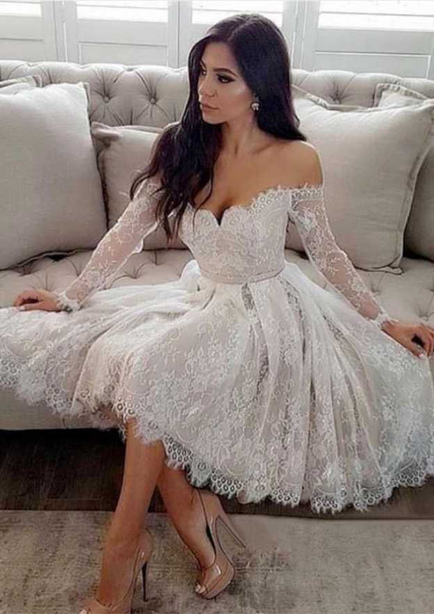 Romantic Off-the-Shoulder Full-Length Lace Wedding Dress with Sleeveless Knee-Length A-line/Princess Elegance BM bride