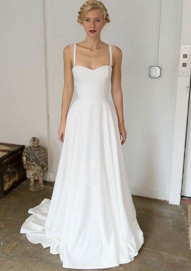 Lace Beading Appliqued Sleeveless Wedding Dress with Sweep Train for A-Line Silhouette in Elastic Satin BM bride