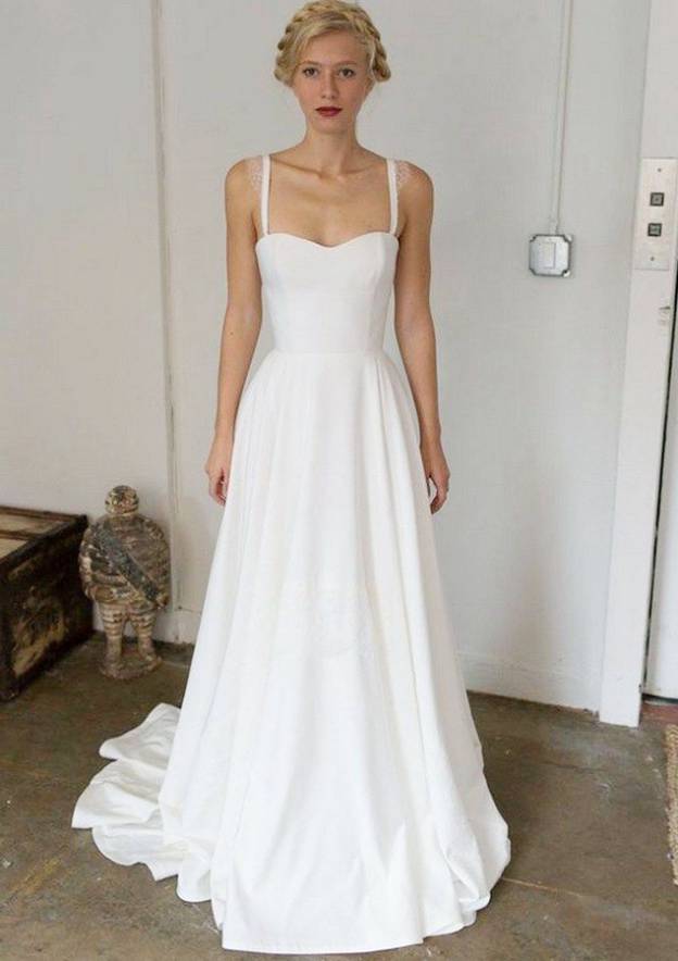 Lace Beading Appliqued Sleeveless Wedding Dress with Sweep Train for A-Line Silhouette in Elastic Satin BM bride