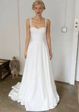 Lace Beading Appliqued Sleeveless Wedding Dress with Sweep Train for A-Line Silhouette in Elastic Satin BM bride