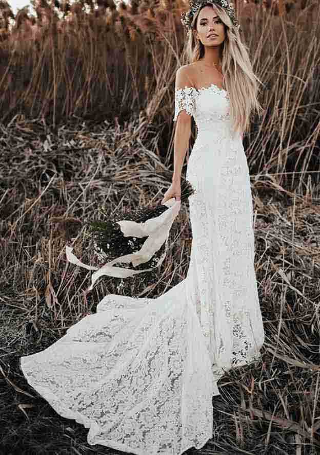 Appliqued Beading Lace Short Sleeve Wedding Dress with Scalloped Neckline and Court Train in Trumpet/Mermaid Silhouette BM bride