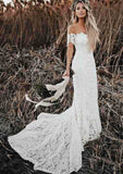 Appliqued Beading Lace Short Sleeve Wedding Dress with Scalloped Neckline and Court Train in Trumpet/Mermaid Silhouette BM bride