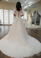 Appliqued Lace Off-The-Shoulder Half Sleeve Wedding Dress with Court Train for A-Line Style in Tulle BM bride