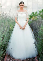 Lovely A-Line/Princess Off-the-Shoulder Short Sleeve Long/Floor-Length Tulle Wedding Dress with Lace Accents BM bride