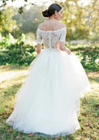 Lovely A-Line/Princess Off-the-Shoulder Short Sleeve Long/Floor-Length Tulle Wedding Dress with Lace Accents BM bride