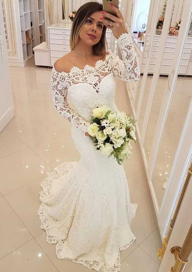 Glamorous Trumpet/Mermaid Off-the-Shoulder Full Long Sleeve Wedding Dress: Sweep Train in Lace BM bride