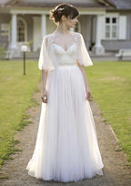 Charming Half Sleeve Sweetheart Tulle Wedding Dress with Intricate Appliques and Long/Floor-Length A-line/Princess Fit BM bride