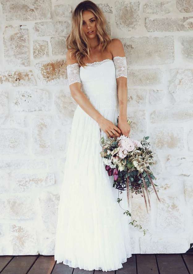 Lace Appliqued Short Sleeve Off-The-Shoulder Wedding Dress with Long Skirt for A-Line Style BM bride