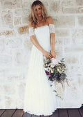 Lace Appliqued Short Sleeve Off-The-Shoulder Wedding Dress with Long Skirt for A-Line Style BM bride