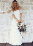 Lace Appliqued Short Sleeve Off-The-Shoulder Wedding Dress with Long Skirt for A-Line Style BM bride