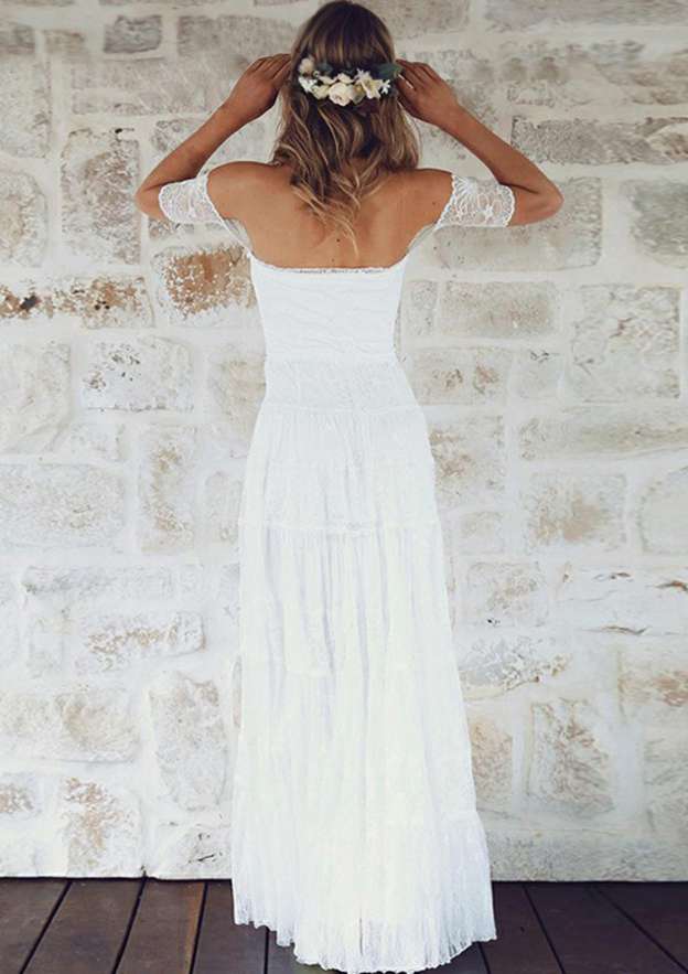 Lace Appliqued Short Sleeve Off-The-Shoulder Wedding Dress with Long Skirt for A-Line Style BM bride
