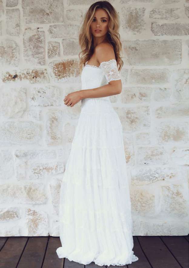 Lace Appliqued Short Sleeve Off-The-Shoulder Wedding Dress with Long Skirt for A-Line Style BM bride