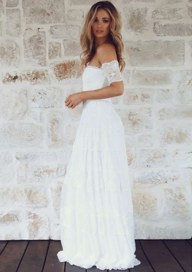 Lace Appliqued Short Sleeve Off-The-Shoulder Wedding Dress with Long Skirt for A-Line Style BM bride
