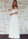 Lace Appliqued Short Sleeve Off-The-Shoulder Wedding Dress with Long Skirt for A-Line Style BM bride