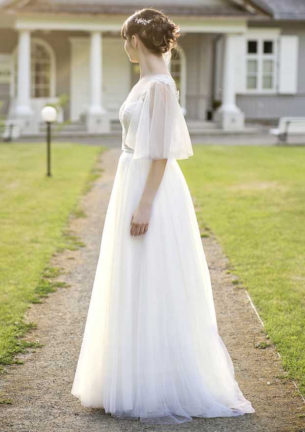 Charming Half Sleeve Sweetheart Tulle Wedding Dress with Intricate Appliques and Long/Floor-Length A-line/Princess Fit BM bride