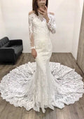 Appliqued Beading Lace Wedding Dress with Court Train, Off-The-Shoulder Design, and Full/Long Sleeves in Trumpet/Mermaid Silhouette BM bride