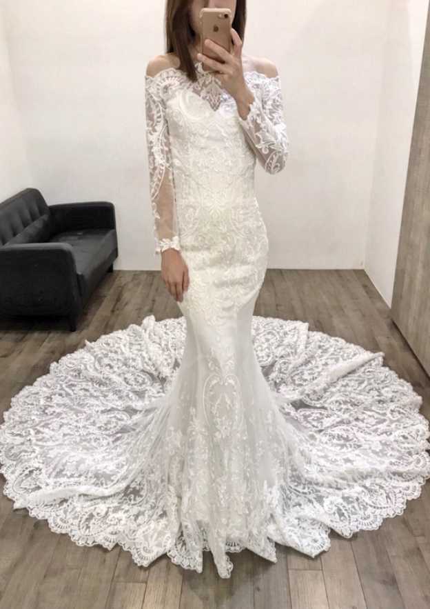 Appliqued Beading Lace Wedding Dress with Court Train, Off-The-Shoulder Design, and Full/Long Sleeves in Trumpet/Mermaid Silhouette BM bride