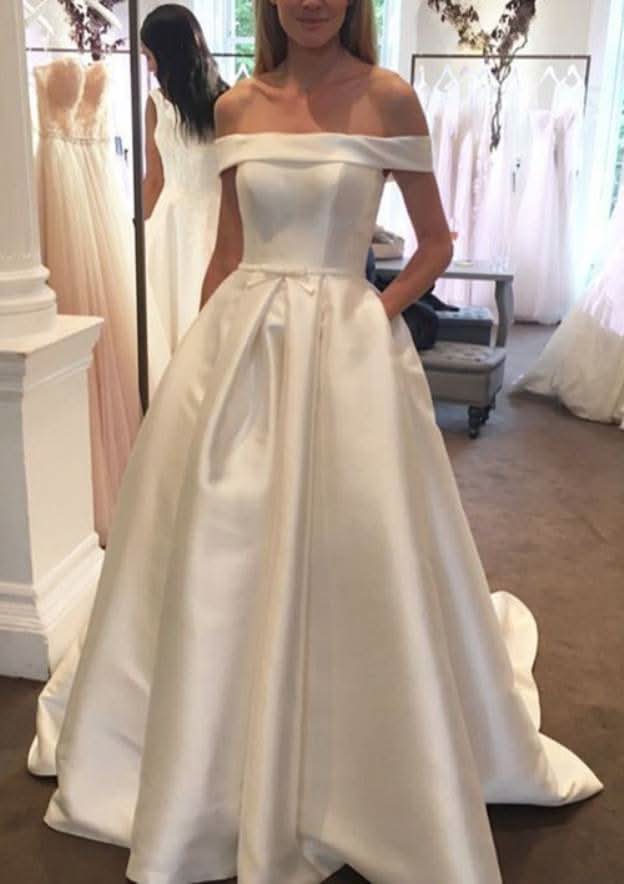 Stylish Ball Gown Off-the-Shoulder Sleeveless Court Train Satin Wedding Dress with Statement Waistband BM bride