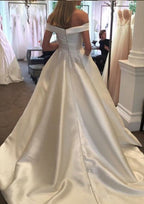Stylish Ball Gown Off-the-Shoulder Sleeveless Court Train Satin Wedding Dress with Statement Waistband BM bride