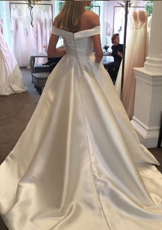 Stylish Ball Gown Off-the-Shoulder Sleeveless Court Train Satin Wedding Dress with Statement Waistband BM bride