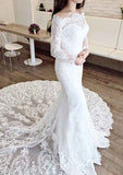 Appliqued Beading Lace Wedding Dress with Court Train, Off-The-Shoulder Design, and Full/Long Sleeves in Trumpet/Mermaid Silhouette BM bride