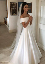 Elegant A-Line/Princess Off-the-Shoulder Sleeveless Satin Wedding Dress with a Chic Court Train and Bowknot Waistband BM bride