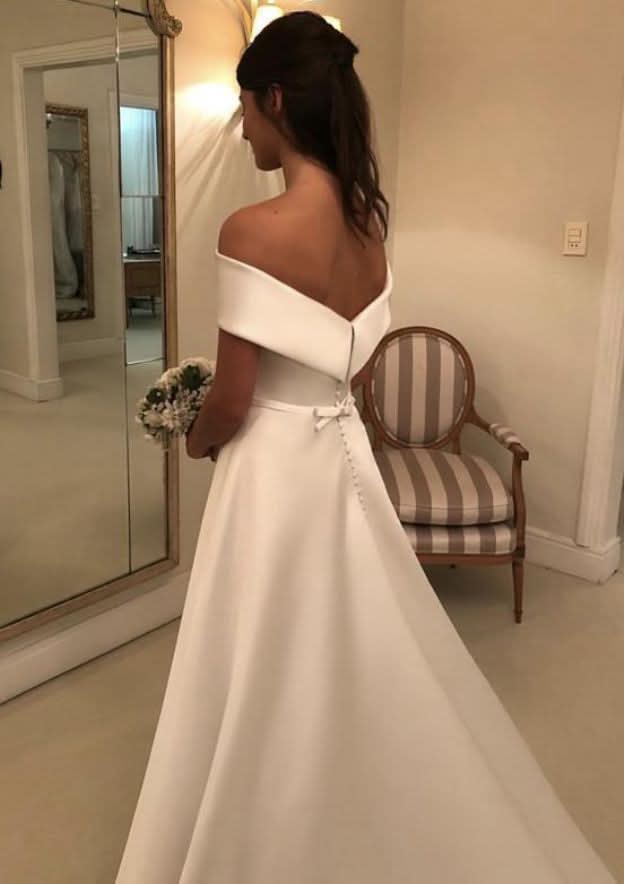 Elegant A-Line/Princess Off-the-Shoulder Sleeveless Satin Wedding Dress with a Chic Court Train and Bowknot Waistband BM bride