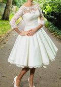 Elegant Ball Gown Bateau Wedding Dress with 3/4 Sleeves and Knee-Length Satin Skirt, Featuring Lace Details BM bride
