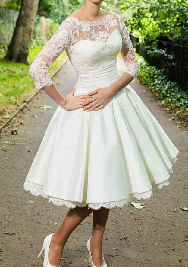 Elegant Ball Gown Bateau Wedding Dress with 3/4 Sleeves and Knee-Length Satin Skirt, Featuring Lace Details BM bride