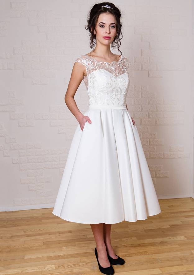Lace Tea-Length Bateau Sleeveless A-Line Wedding Dress in Satin BM bride