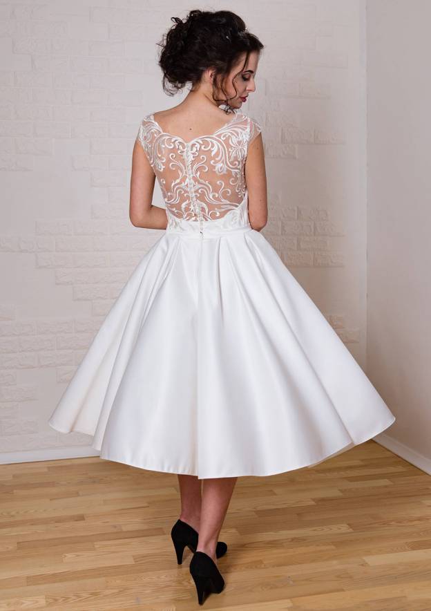 Lace Tea-Length Bateau Sleeveless A-Line Wedding Dress in Satin BM bride