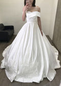 Lace Off-The-Shoulder Sleeveless Ball Gown Wedding Dress with Satin Chapel Train BM bride